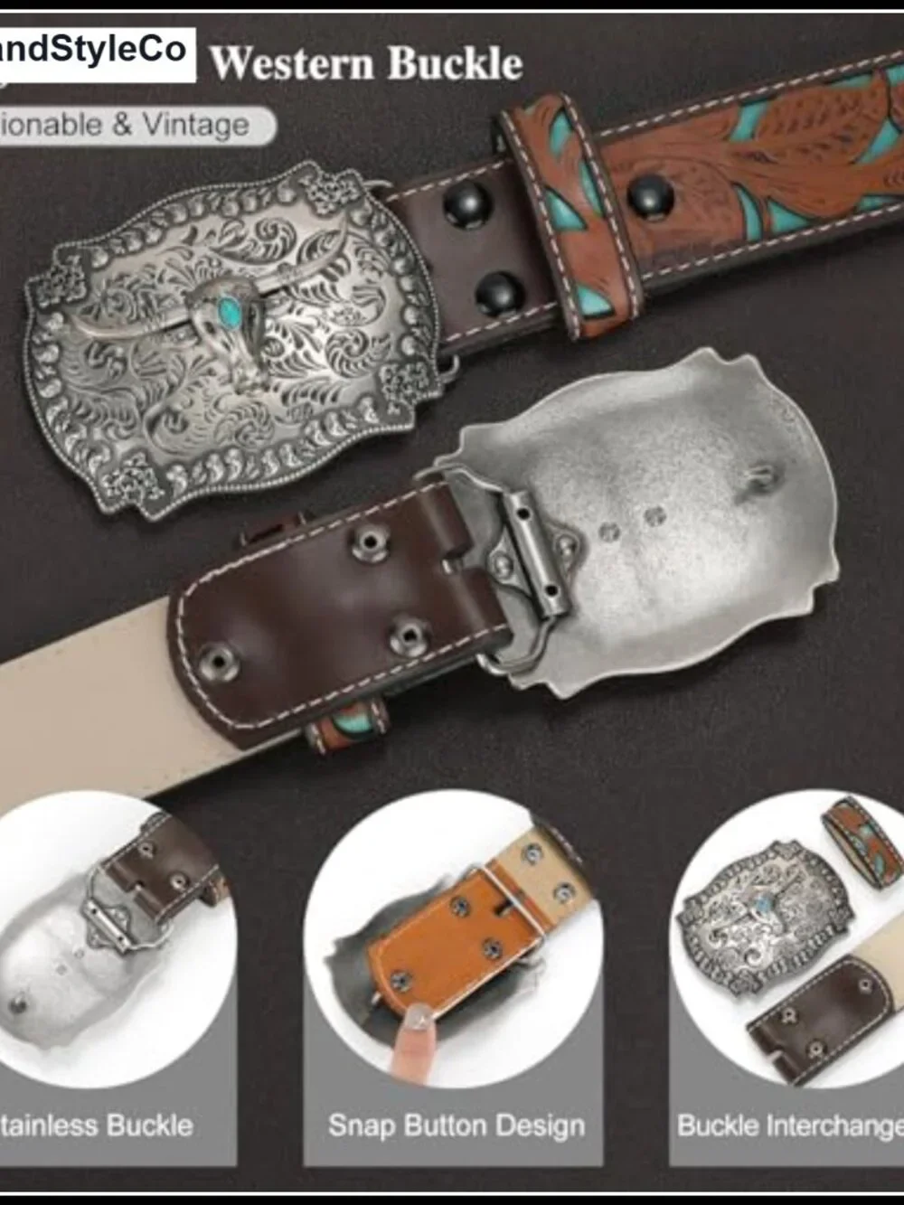 Genuine Leather Western Belt Engraved Tooled Interchangeable Buckle